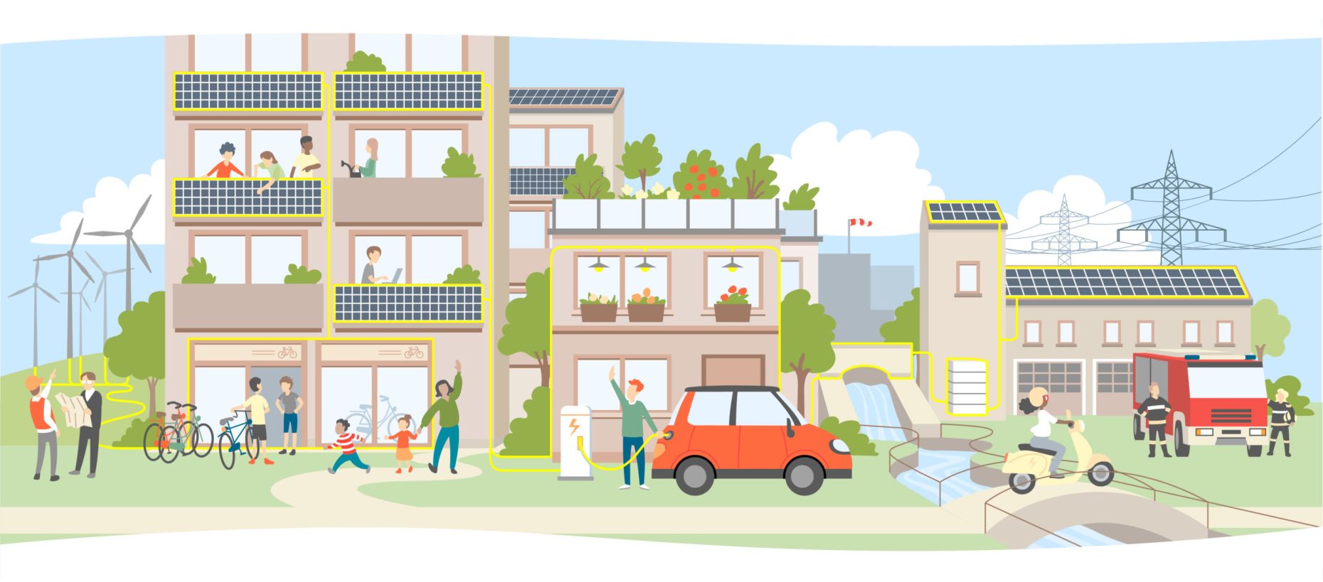 Illustration: Wohngebäude mit PV-Anlagen auf den Balkonen, Erwachsene und Kinder, Fahrräder und ein Elektroauto. Nebenan ein Feuerwehrgebäude mit Feuerwehrauto. Im Hintergrund Windräder.