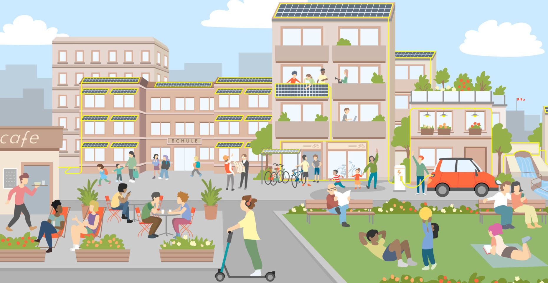 Wohngebäude mit einer PV-Anlage auf einem Balkon, davor sitzen, gehen, fahren und spielen Menschen auf der Straße und in der grünen Wiese.